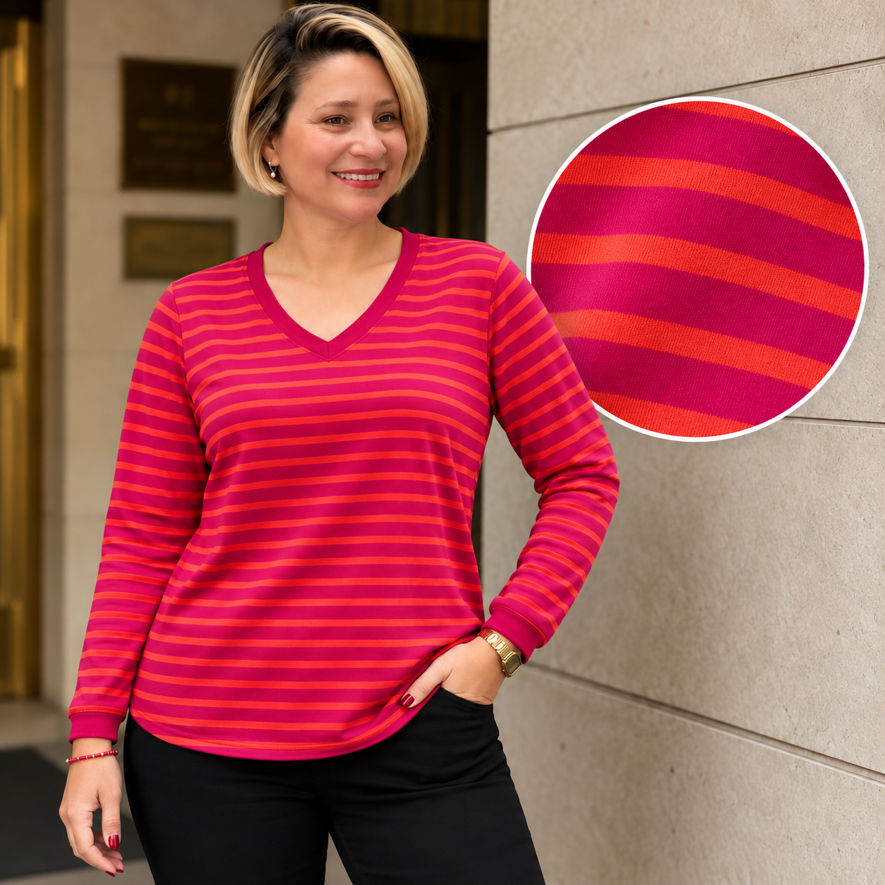 Detalle de color y textura Remera Rayada Amalfi fucsia y naranja