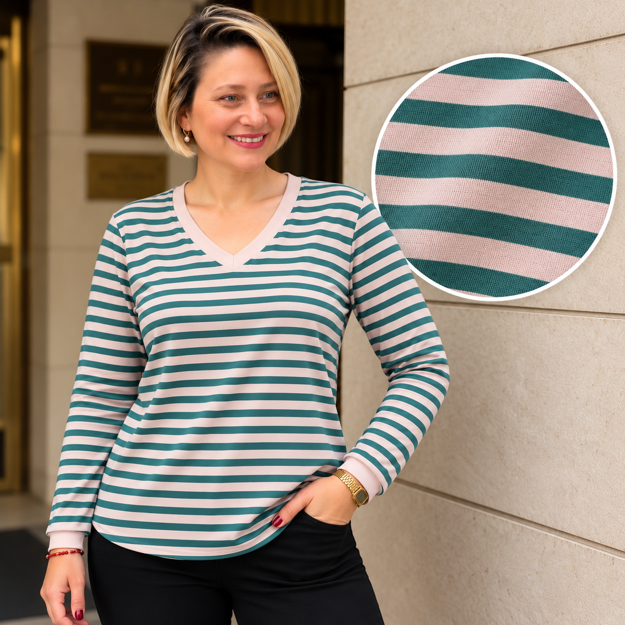 Detalle de color y textura Remera Rayada Amalfi verde y rosa